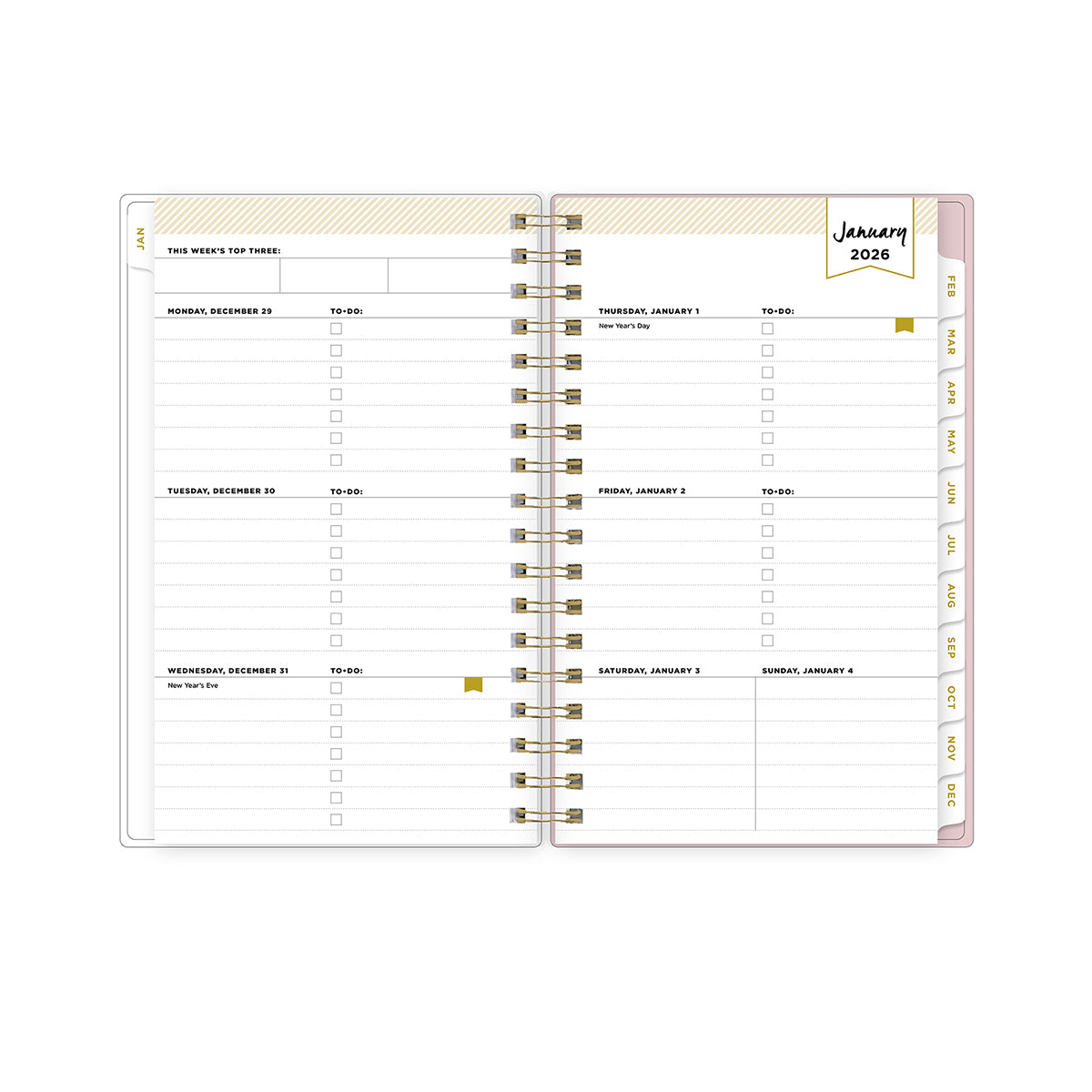 2026 weekly spread featuring lined writing space, bullet points, monthly tabs