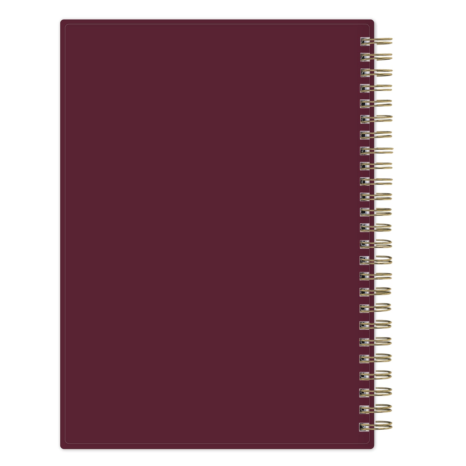 Maroon planner back cover with gold spiral binding on a white background