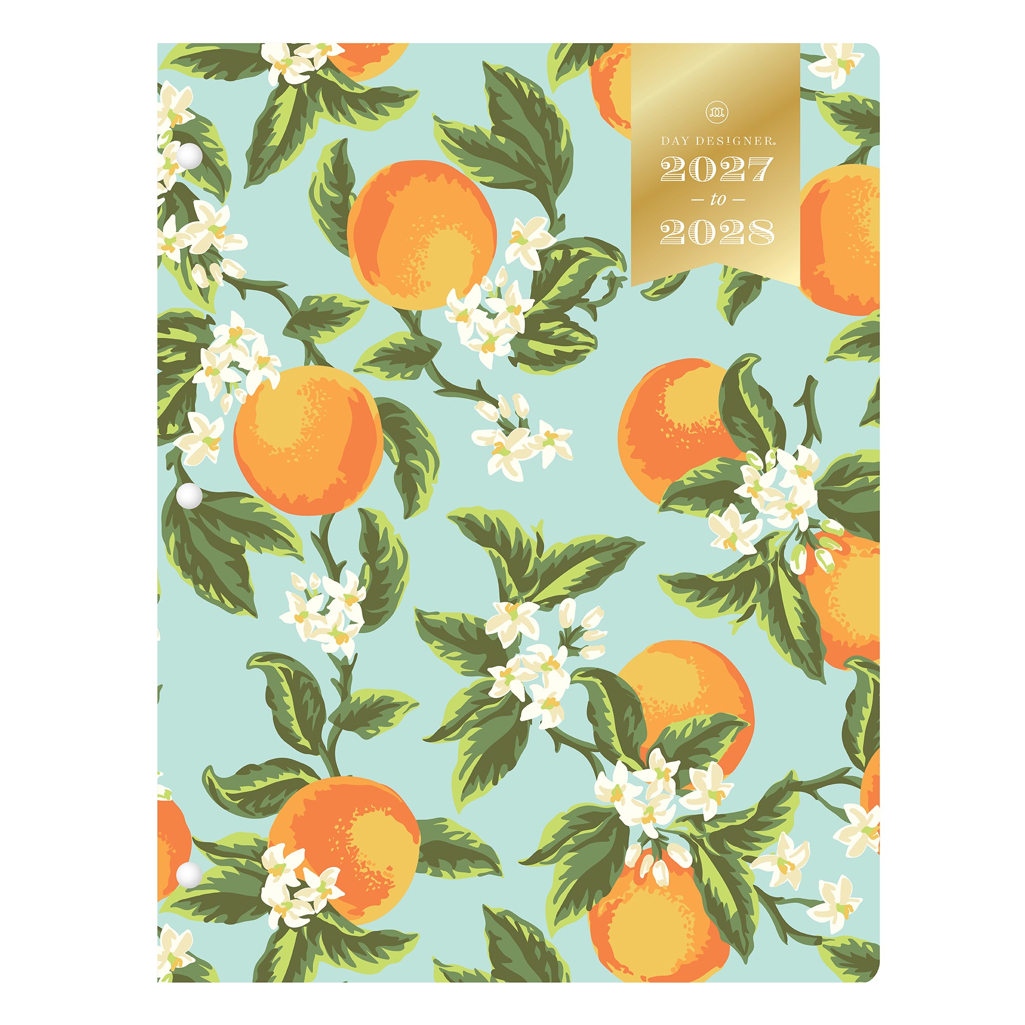 2027-2028 planner with orange and floral design on a light blue background in 8.5x11 size