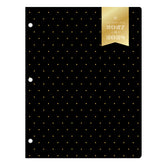 Black planner with gold polka dot pattern and 2027-2028 label on a white background monthly planner in 8.5x11 size