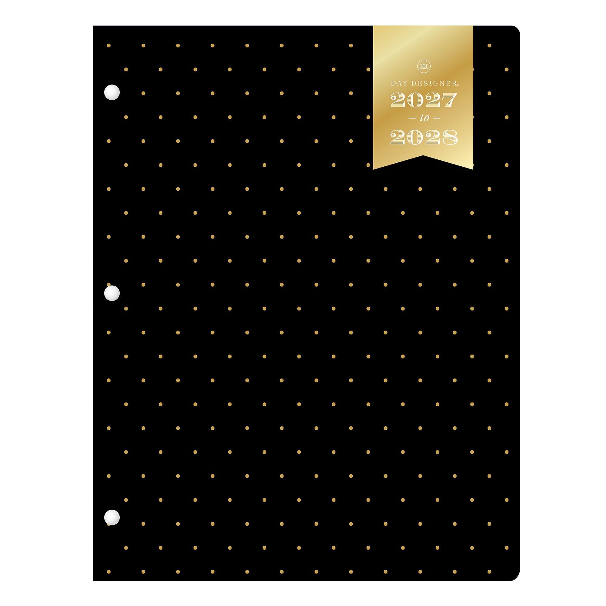 Black planner with gold polka dot pattern and 2027-2028 label on a white background monthly planner in 8.5x11 size