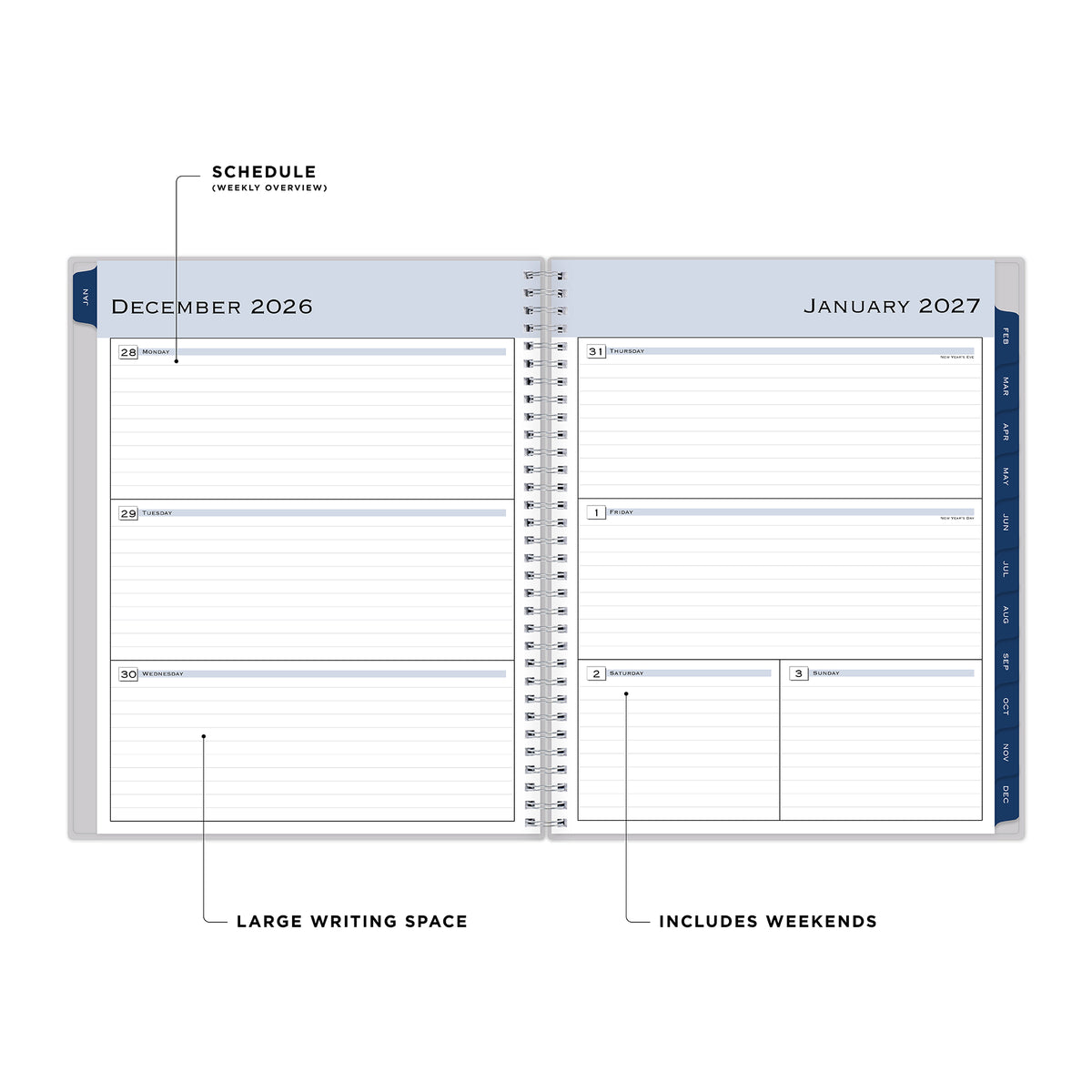 2027 weekly spread features ample lined writing space for to do lists, notes section, reference calendars, bullet points, and monthly tabs