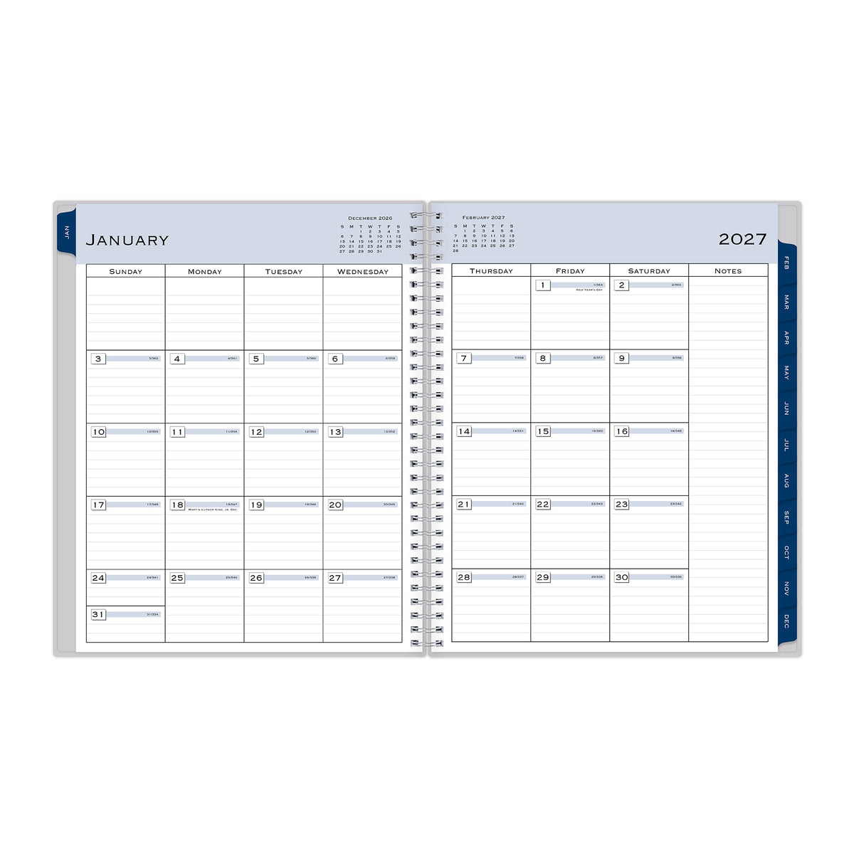 2027 monthly spread featuring ample lined writing space for each date, notes section, reference calendars, and monthly tabs