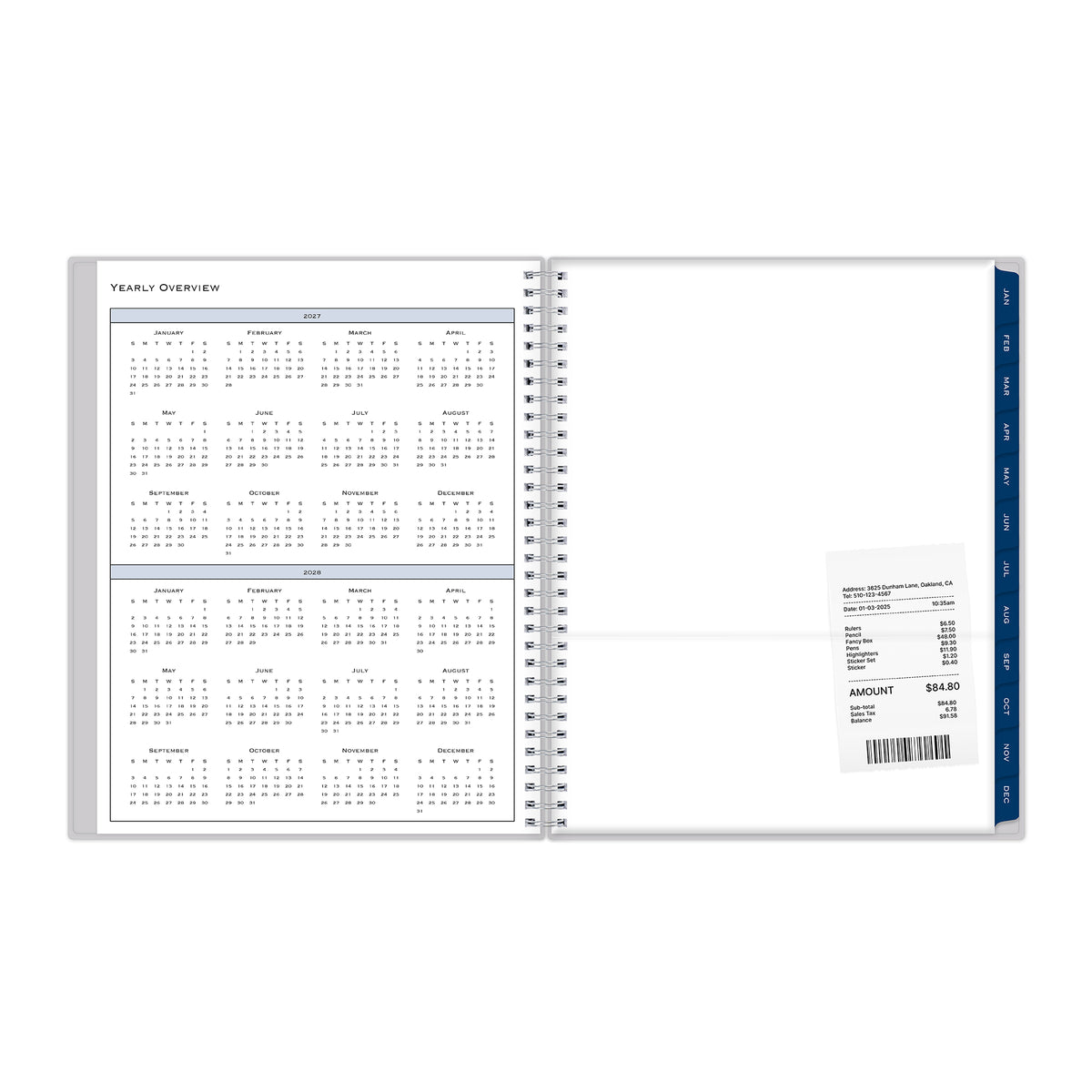 yearly overview featuring 2027 and 2028 with contacts pages and navy blue monthly tabs storage pocket