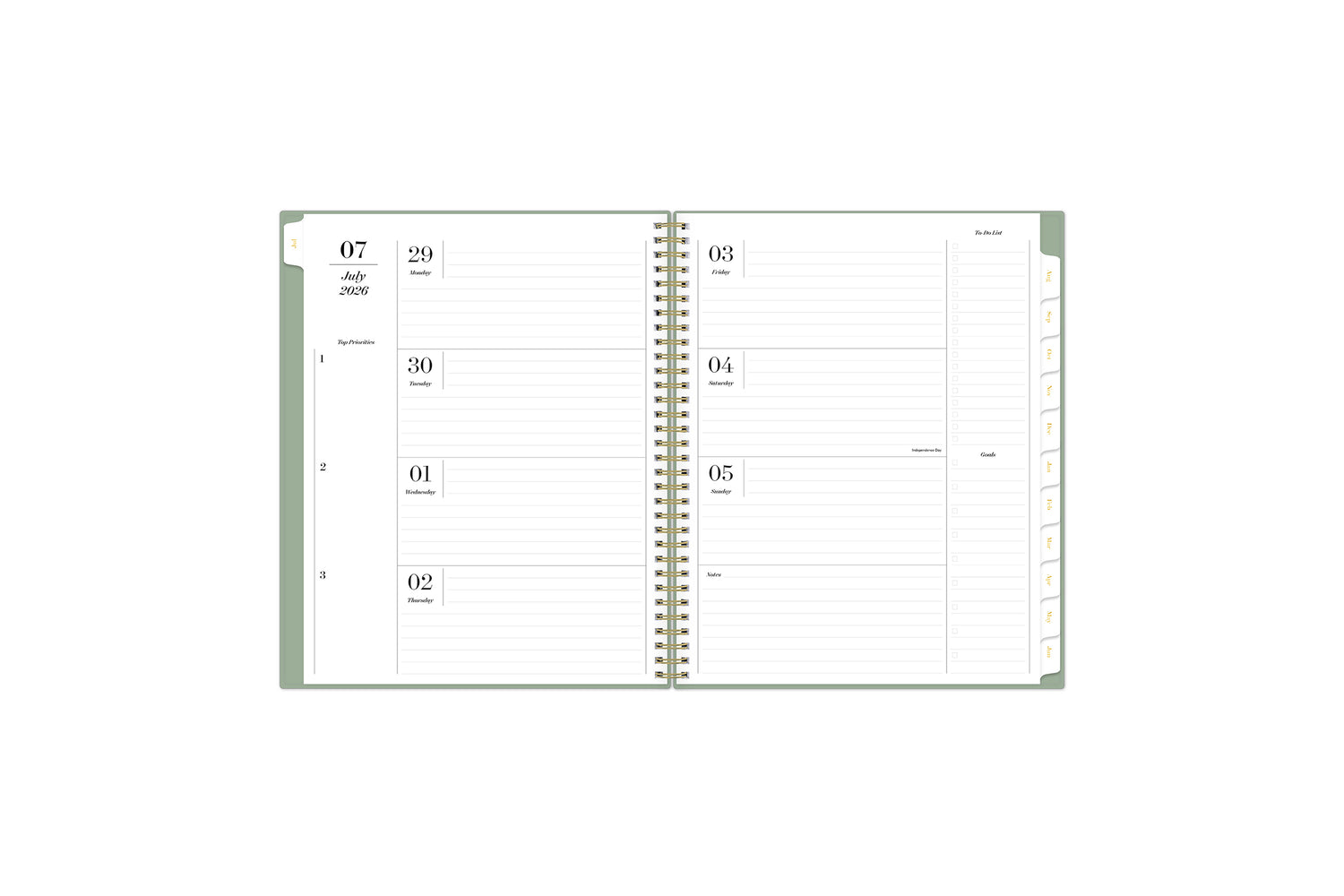 weekly open spread for this sincerely jules x blue sky planner featuring ample lined writing space, and notes section, and white monthly tabs