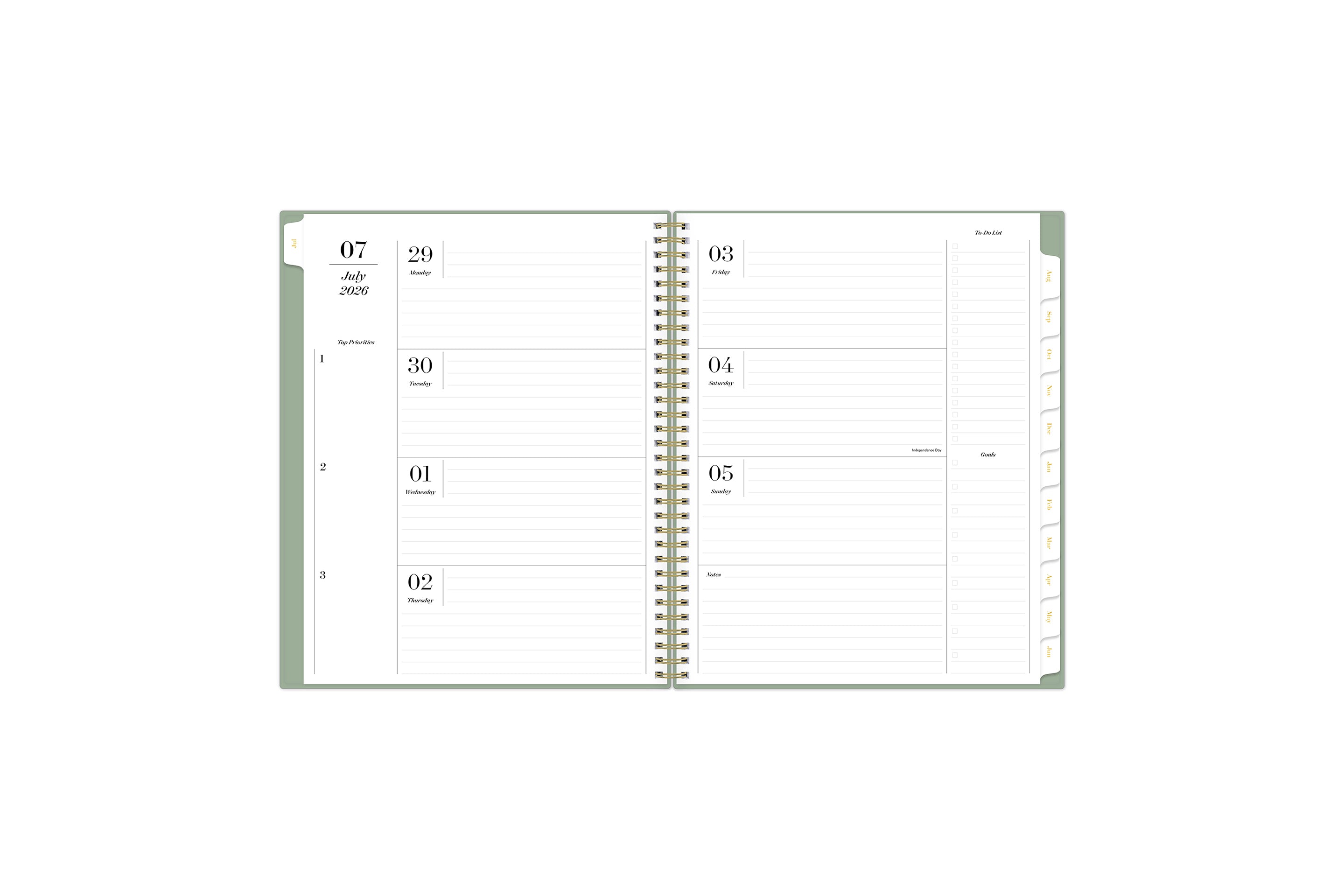 weekly open spread for this sincerely jules x blue sky planner featuring ample lined writing space, and notes section, and white monthly tabs