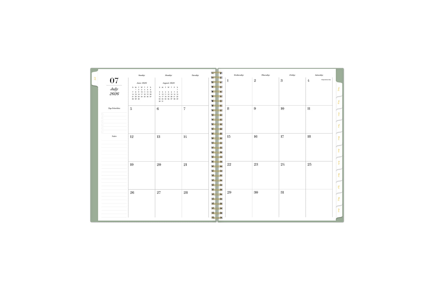 monthly spread featuring blank writing space for each date, lined notes section, reference calendars, and white monthly tabs