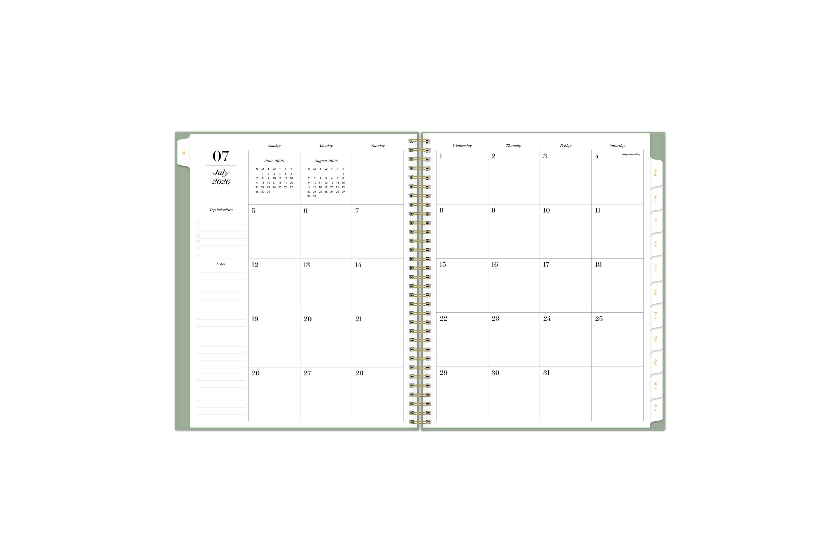 monthly spread featuring blank writing space for each date, lined notes section, reference calendars, and white monthly tabs