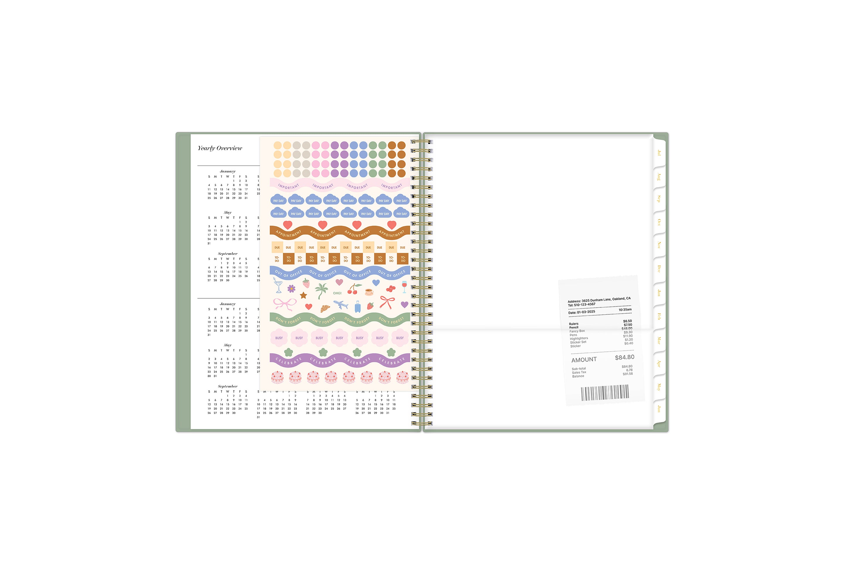 reference calendar for 2026 and 2027 featuring a storage pocket and sticker sheet and white monthly tabs