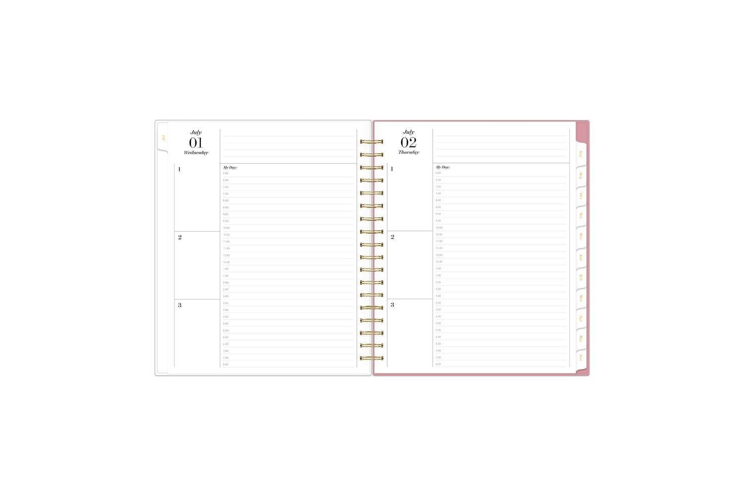 weekly open spread for this sincerely jules x blue sky planner featuring ample lined writing space, and notes section, and white monthly tabs