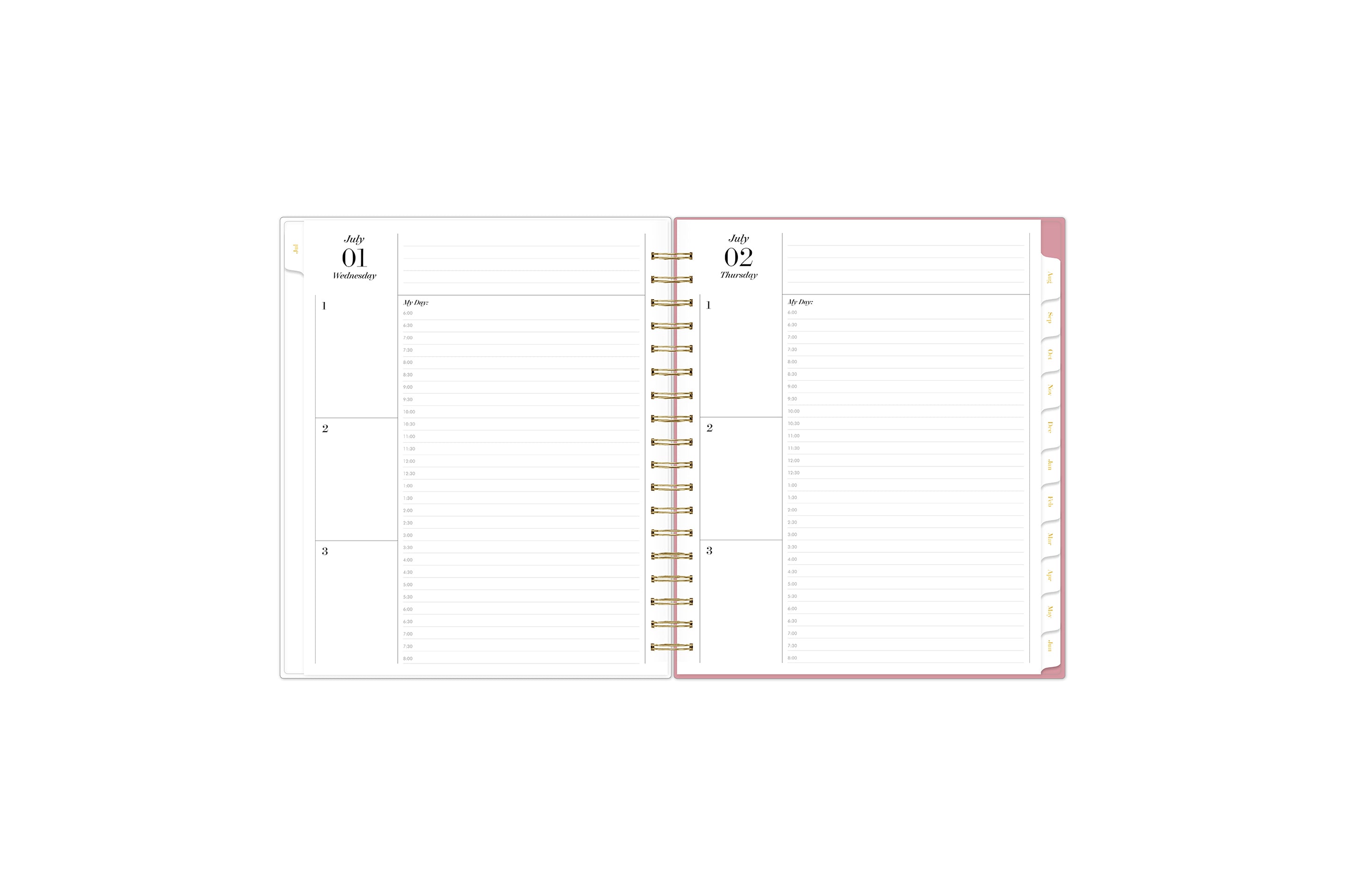 weekly open spread for this sincerely jules x blue sky planner featuring ample lined writing space, and notes section, and white monthly tabs
