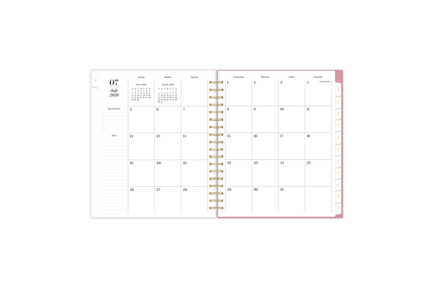 monthly spread featuring blank writing space for each date, lined notes section, reference calendars, and white monthly tabs