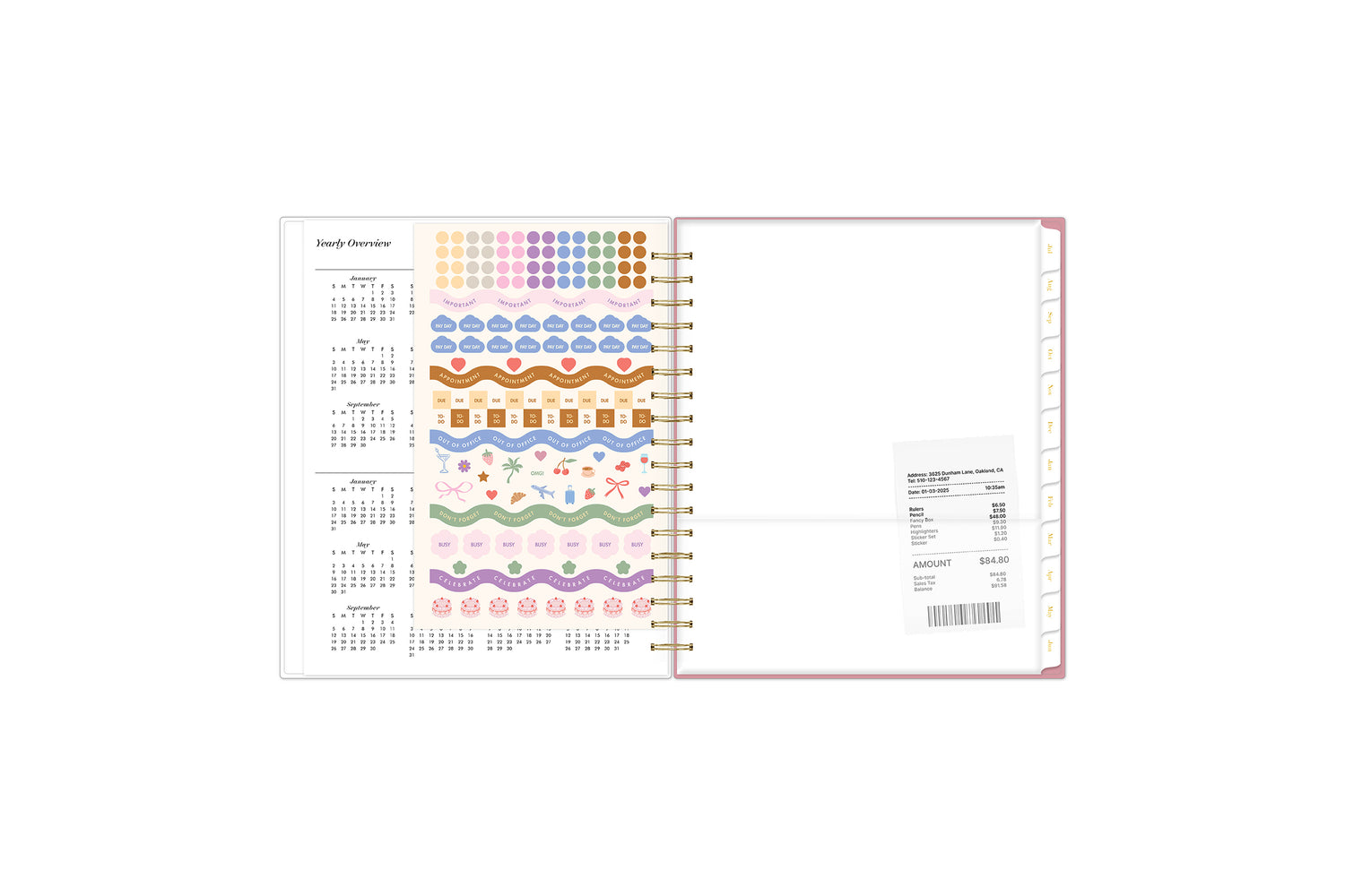 reference calendar for 2026 and 2027 featuring a storage pocket and sticker sheet and white monthly tabs
