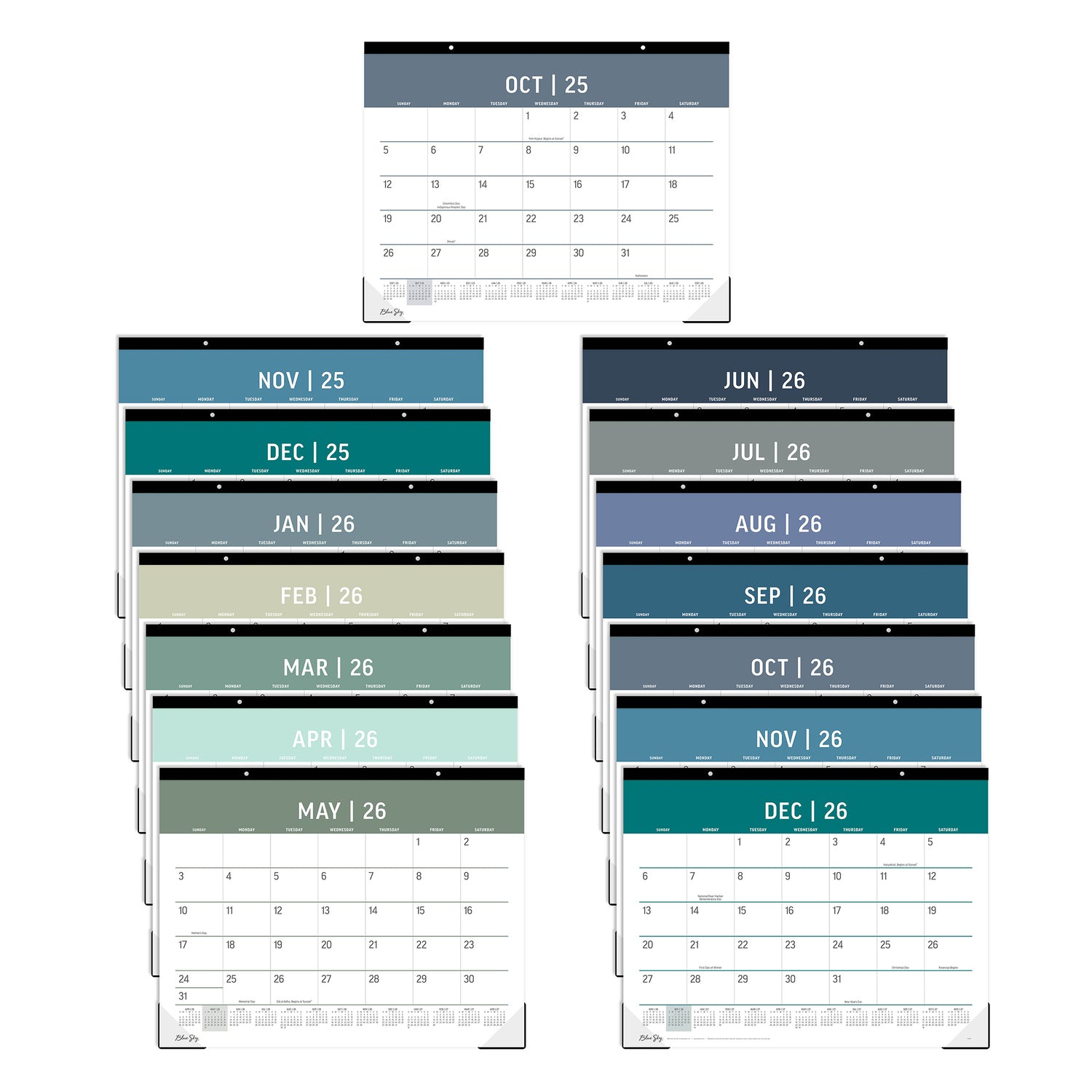 22 x 17 wall calendar for October 2025 - December 2026 multi color assorted pages