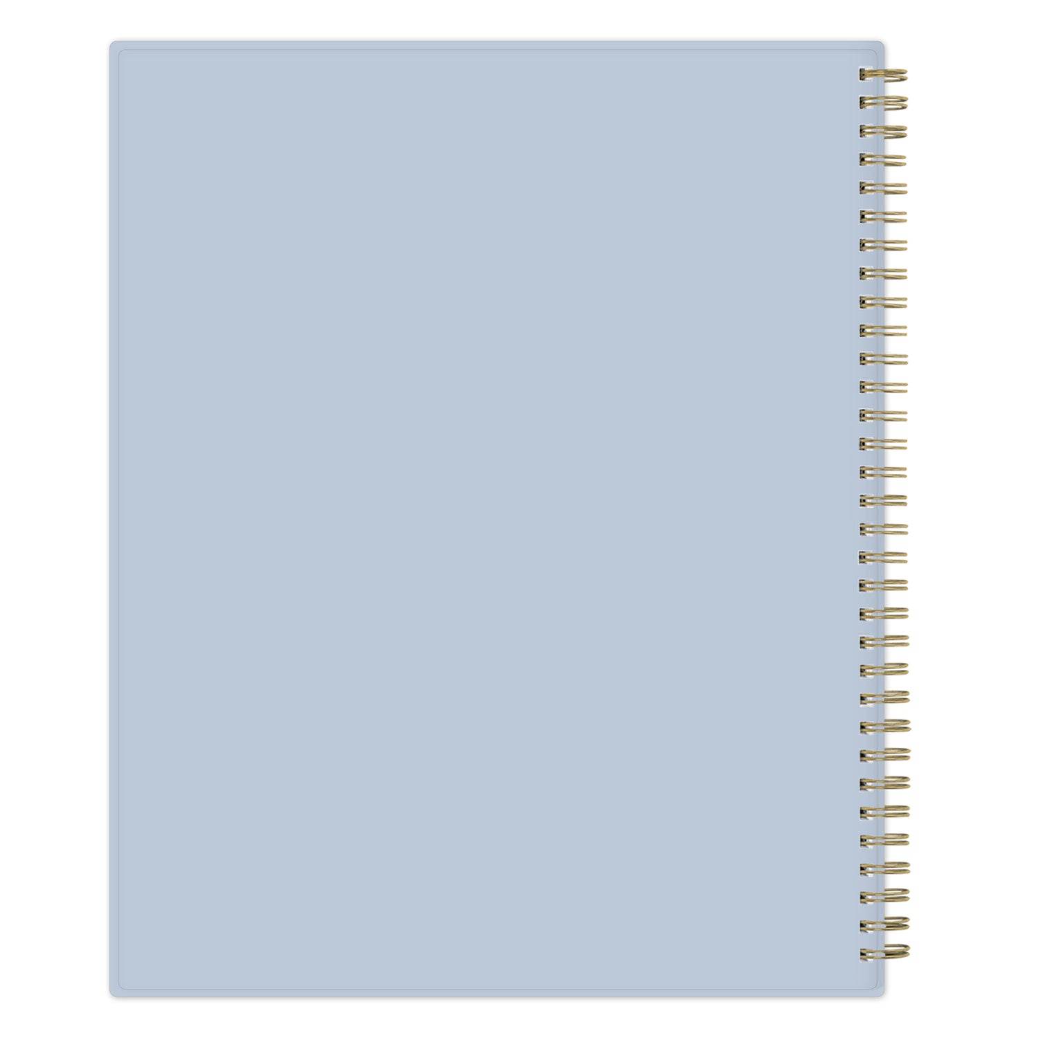 Light blue back cover with gold spiral binding on a white background