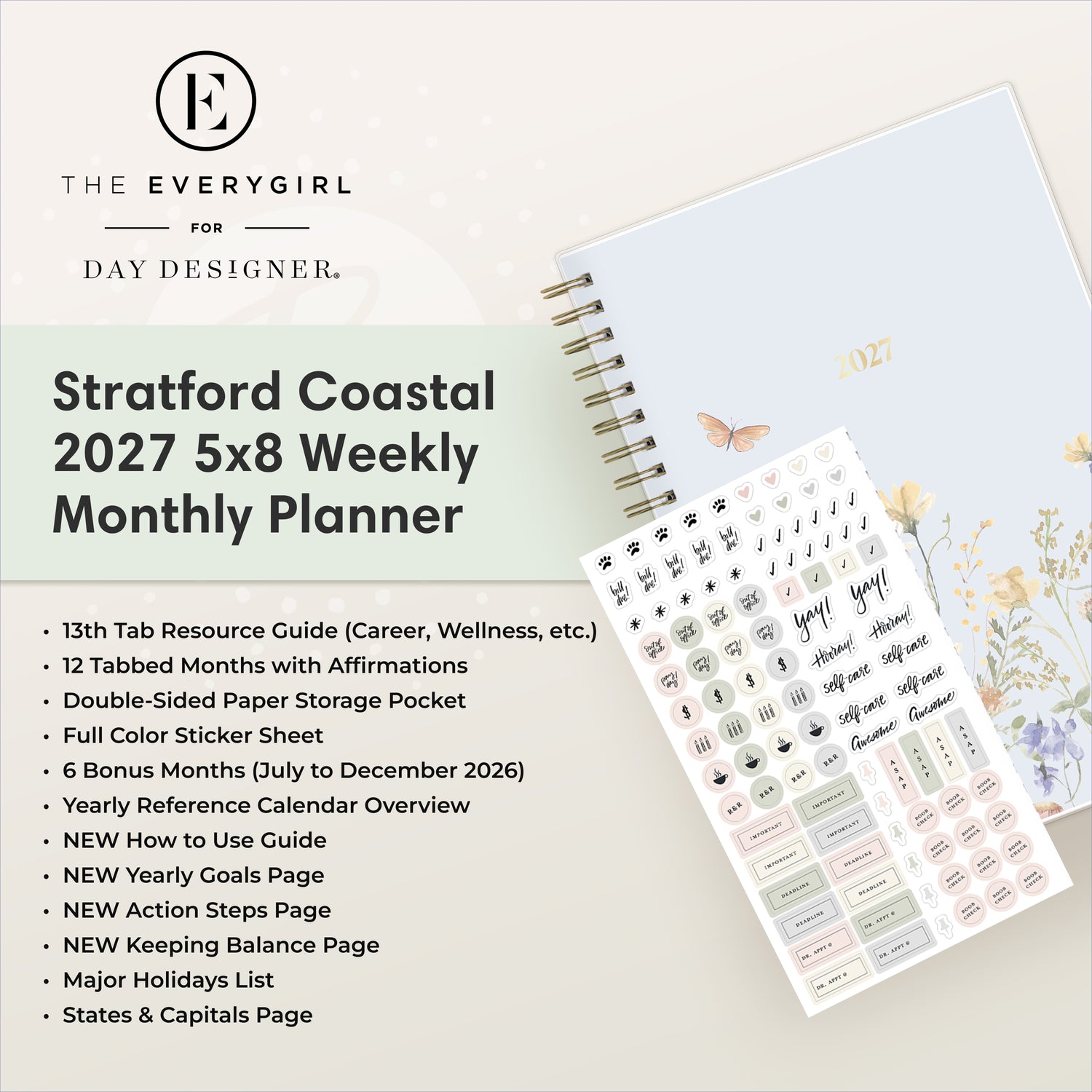 planner featuring bonus content like yearly overview, important dates, holidays, states and capitals