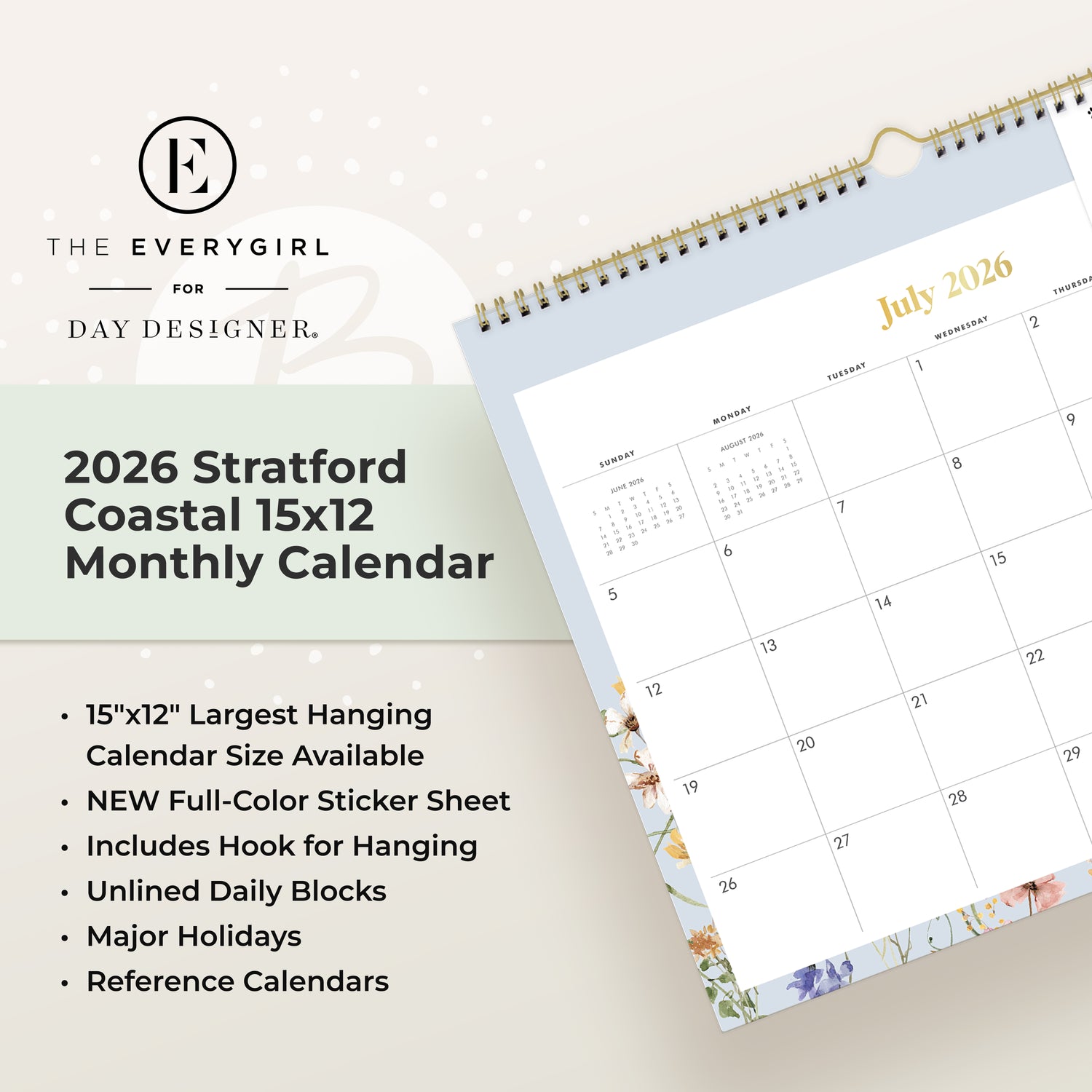 Calendar for July 2026-June 2027 with floral design and motivational stickers on a white background, ample blank writing space and reference calendars