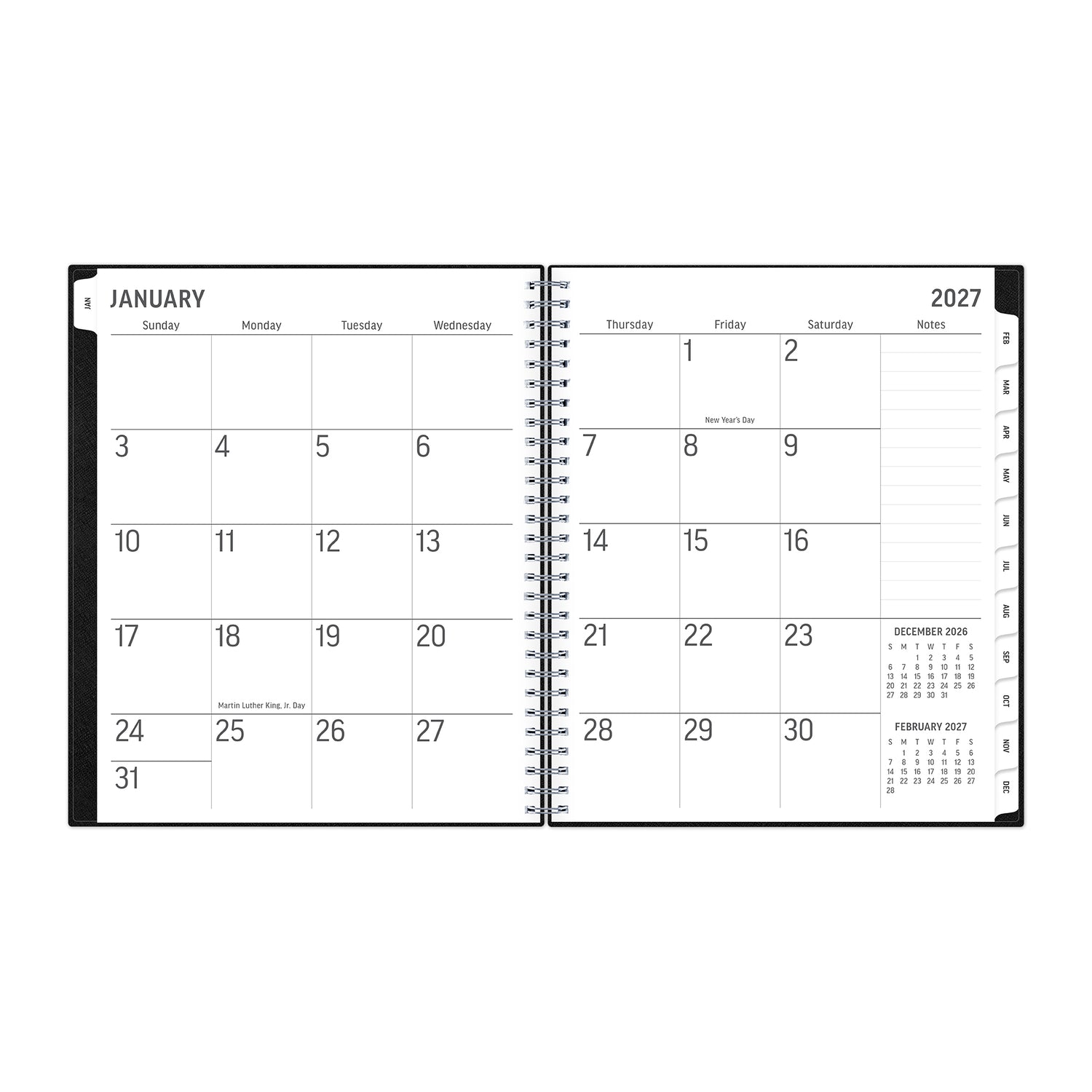 2027 monthly spread featuring ample blank writing space for each date, notes section, reference calendars, and monthly tabs