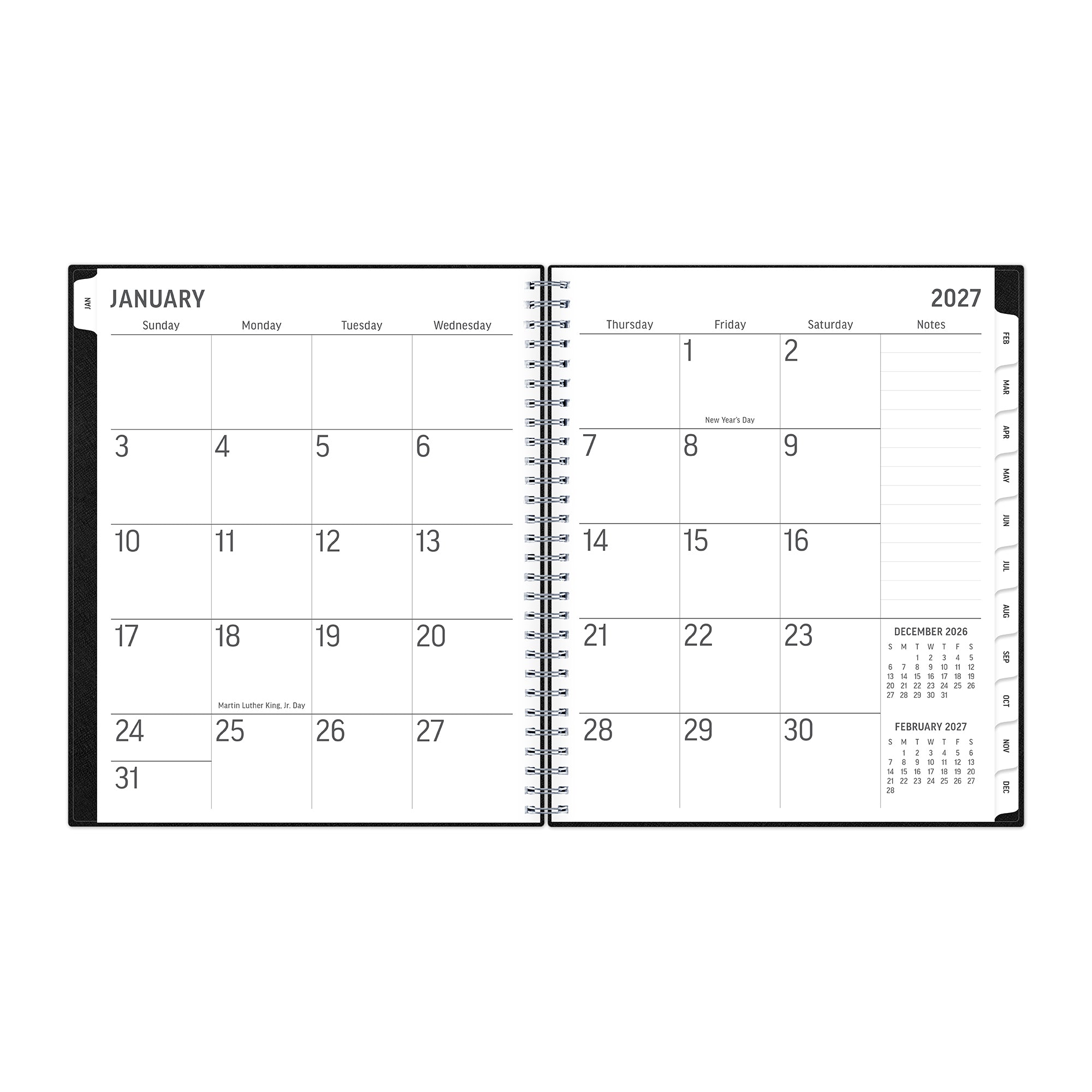 2027 monthly spread featuring ample blank writing space for each date, notes section, reference calendars, and monthly tabs