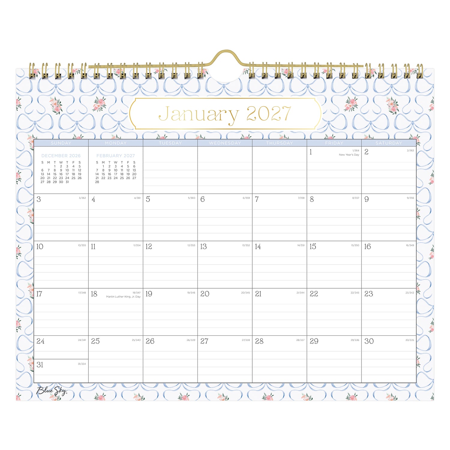 Calendar for January 2027 with decorative border and gold spiral binding.
