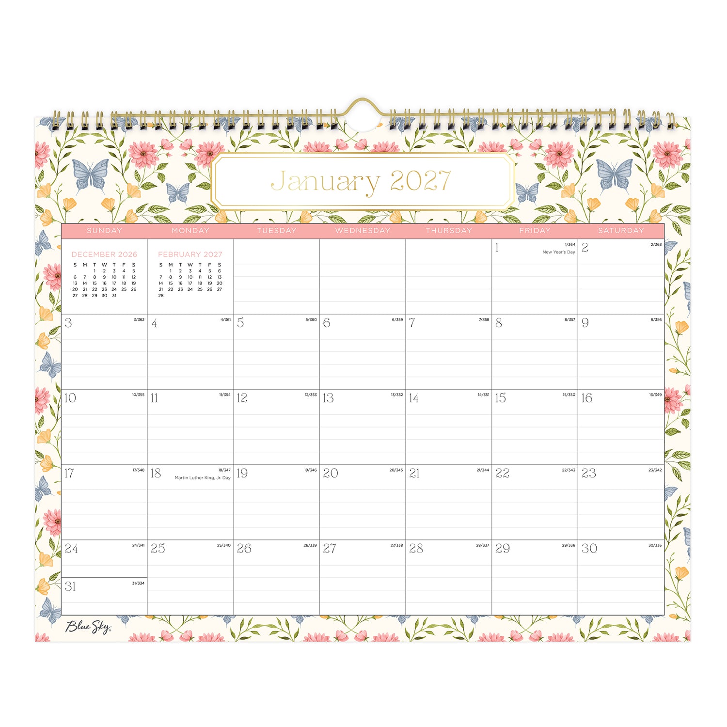 Floral and butterfly design calendar for January 2027 on a white background in 15x12 size with lined writing space and reference calendars