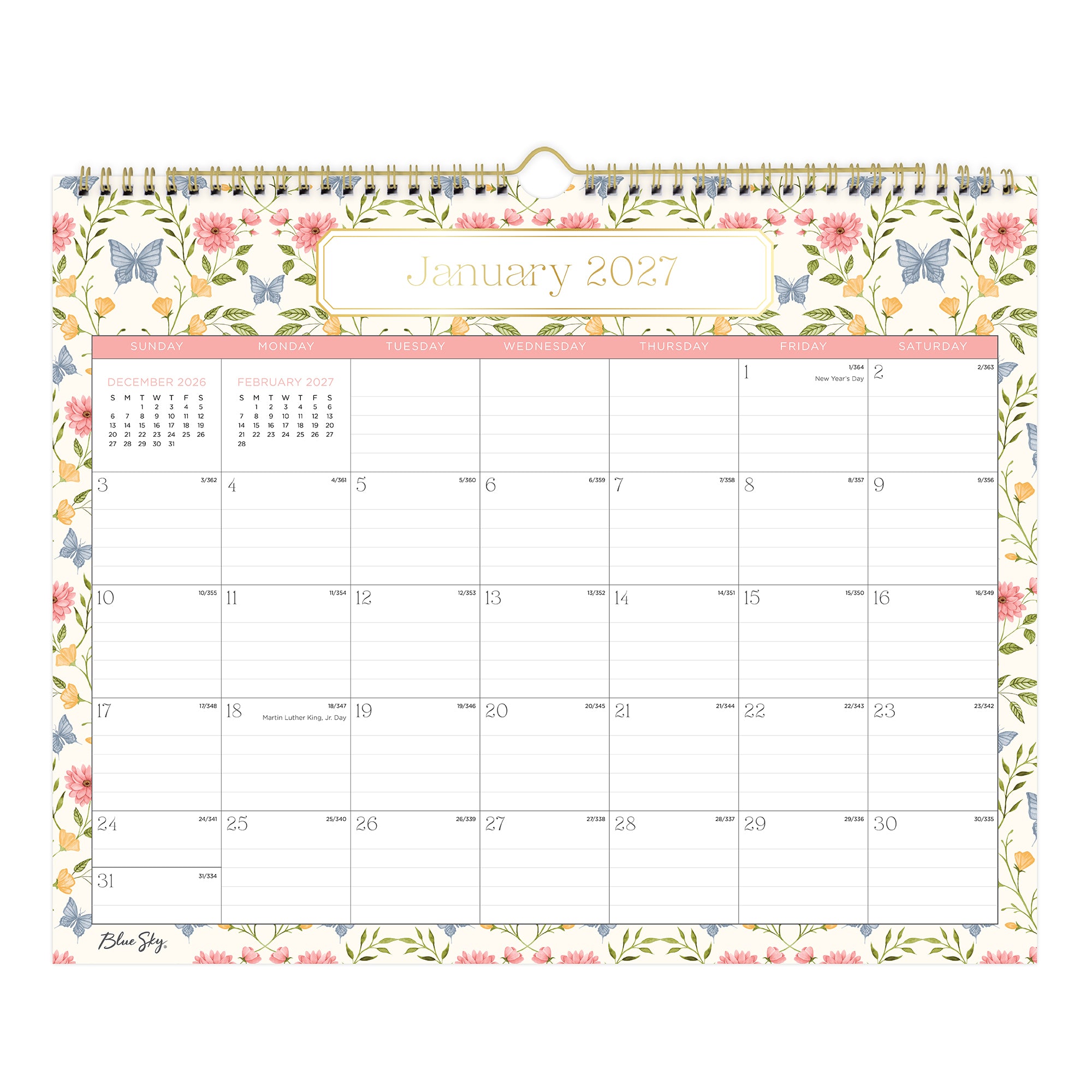 Floral and butterfly design calendar for January 2027 on a white background in 15x12 size with lined writing space and reference calendars