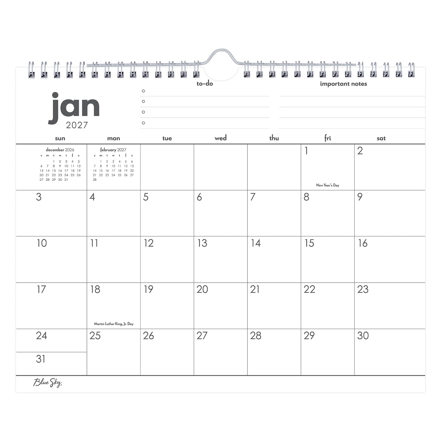 january 2027-December 2027 wall calendar in 11x8.75 size blank writing space and reference calendars
