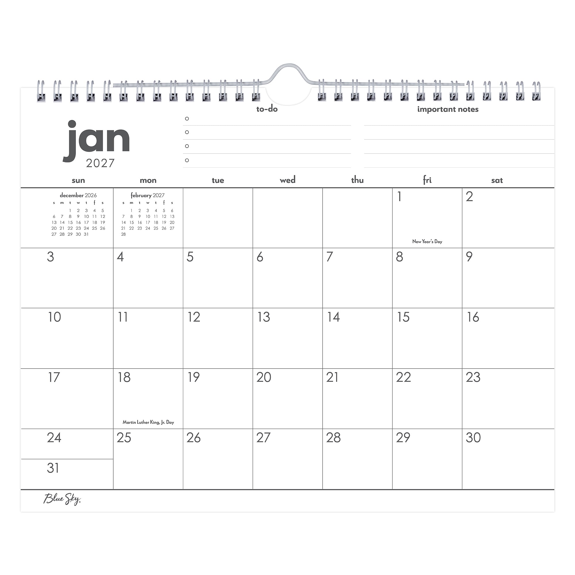 january 2027-December 2027 wall calendar in 11x8.75 size blank writing space and reference calendars