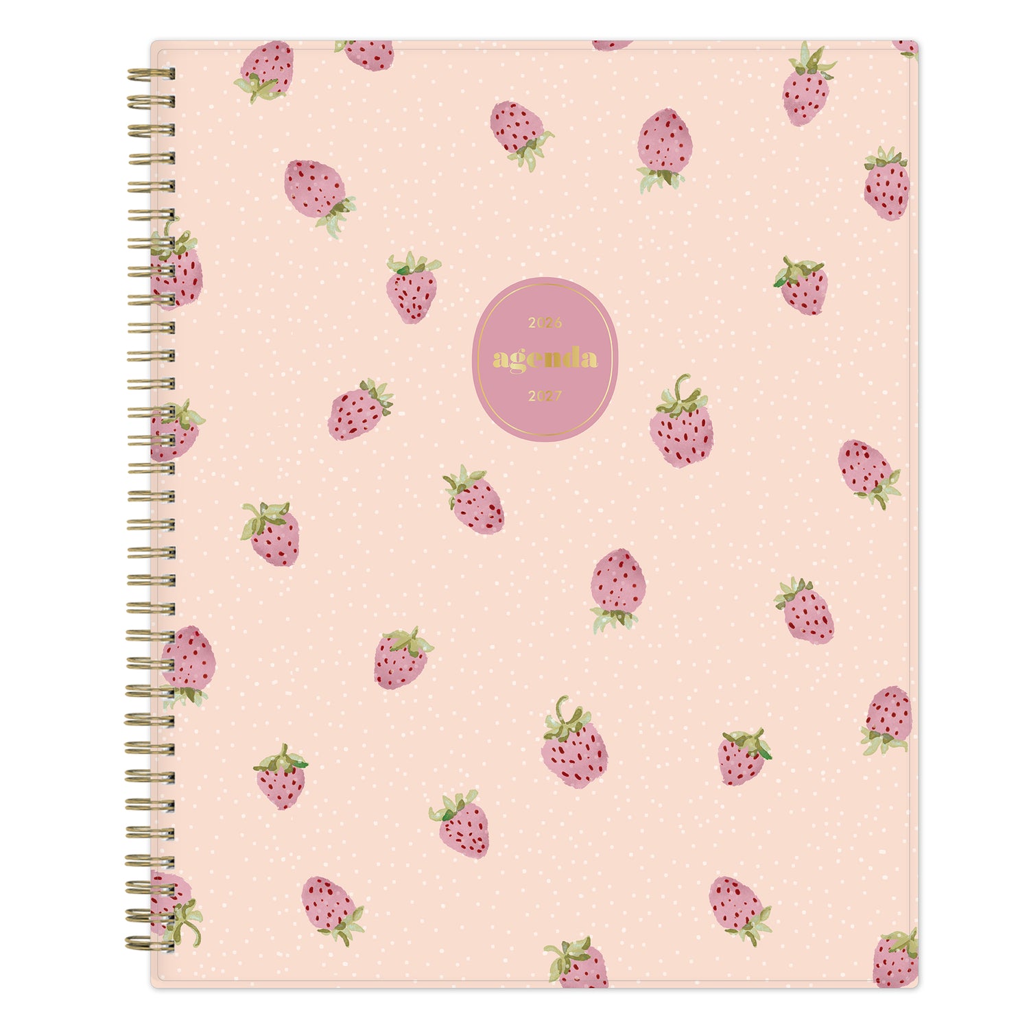 Pink notebook with strawberry pattern on a white background for 2026-2027