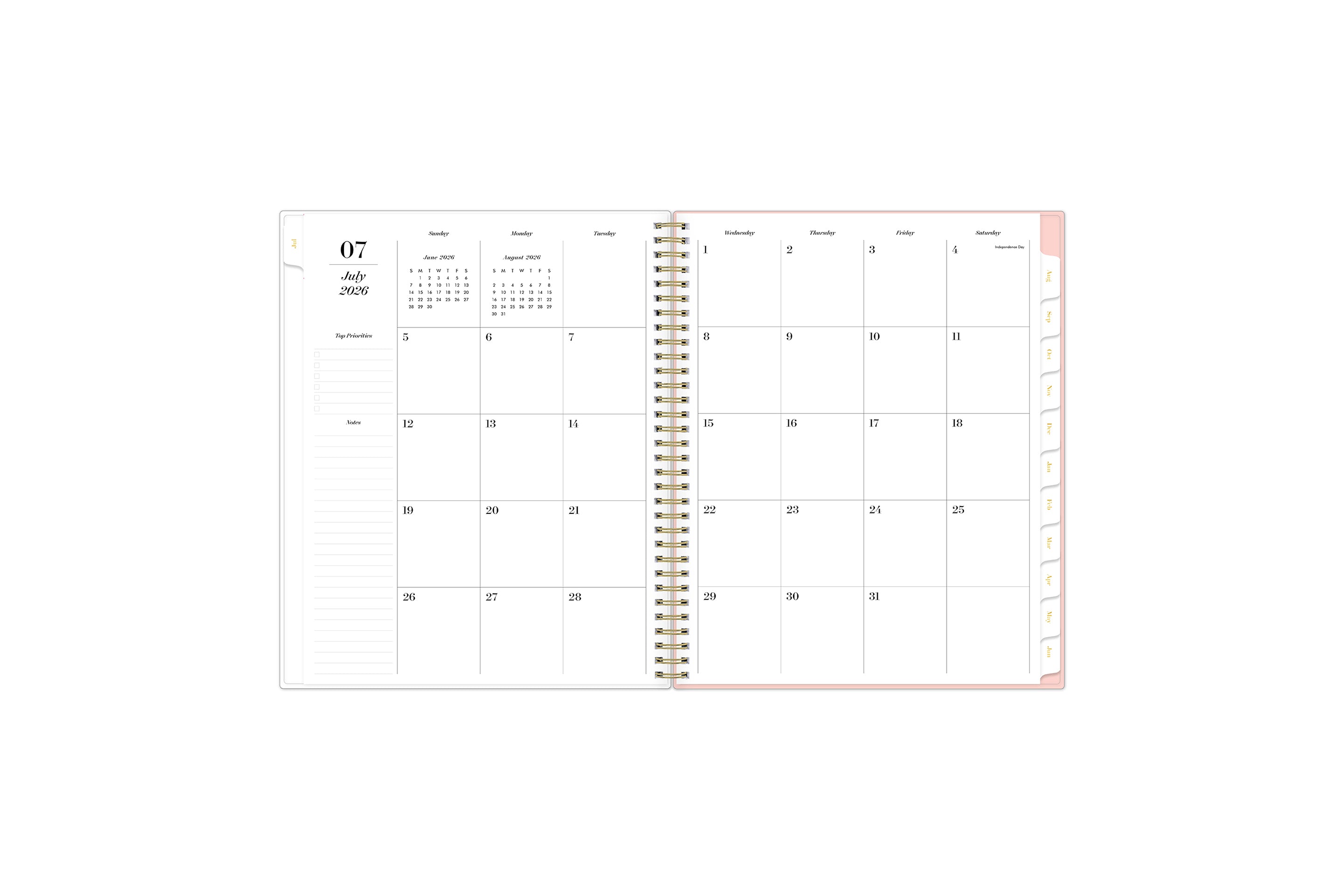 monthly spread featuring blank writing space for each date, lined notes section, reference calendars, and white monthly tabs