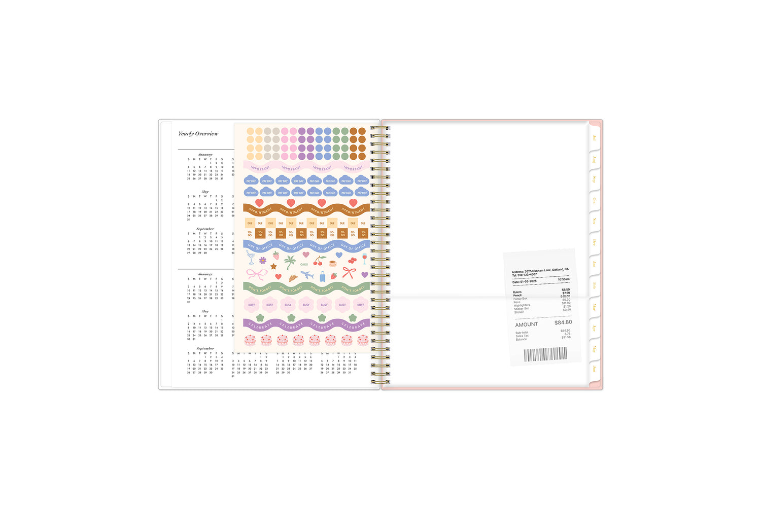reference calendar for 2026 and 2027 featuring a storage pocket and sticker sheet and white monthly tabs