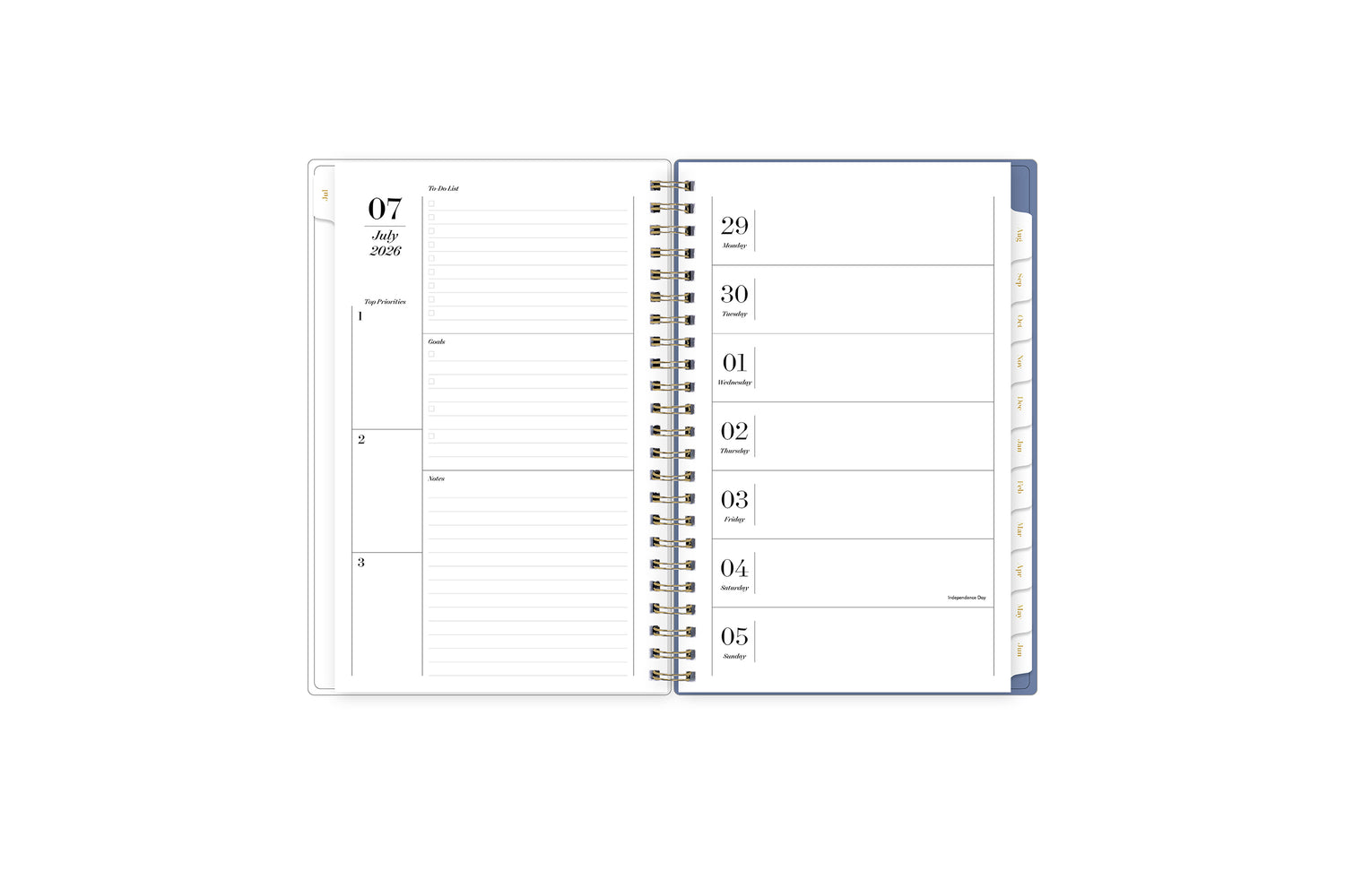 weekly open spread for this sincerely jules x blue sky planner featuring ample lined writing space, and notes section, and white monthly tabs
