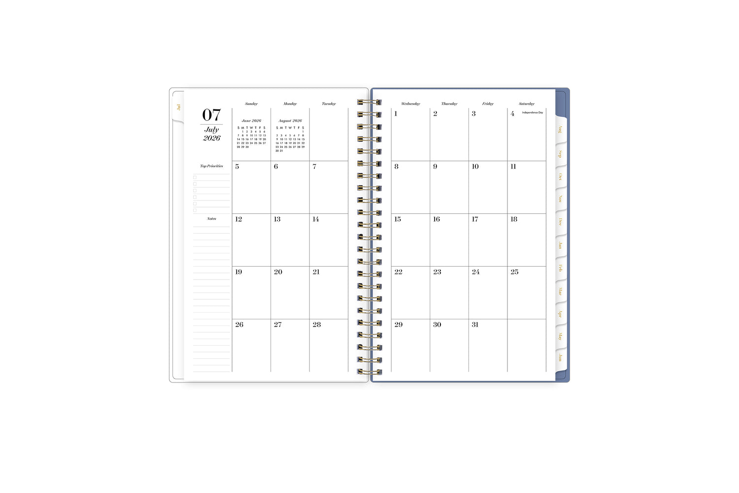 monthly spread featuring blank writing space for each date, lined notes section, reference calendars, and white monthly tabs