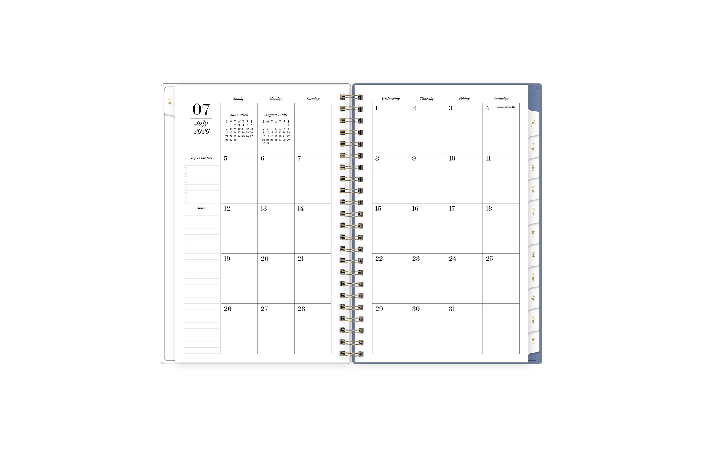 monthly spread featuring blank writing space for each date, lined notes section, reference calendars, and white monthly tabs