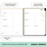 A spiral-bound weekly planner spread shown on a white background with callout labels explaining features like lined sections, to-do checklists, and weekly goals. The bottom banner reads &