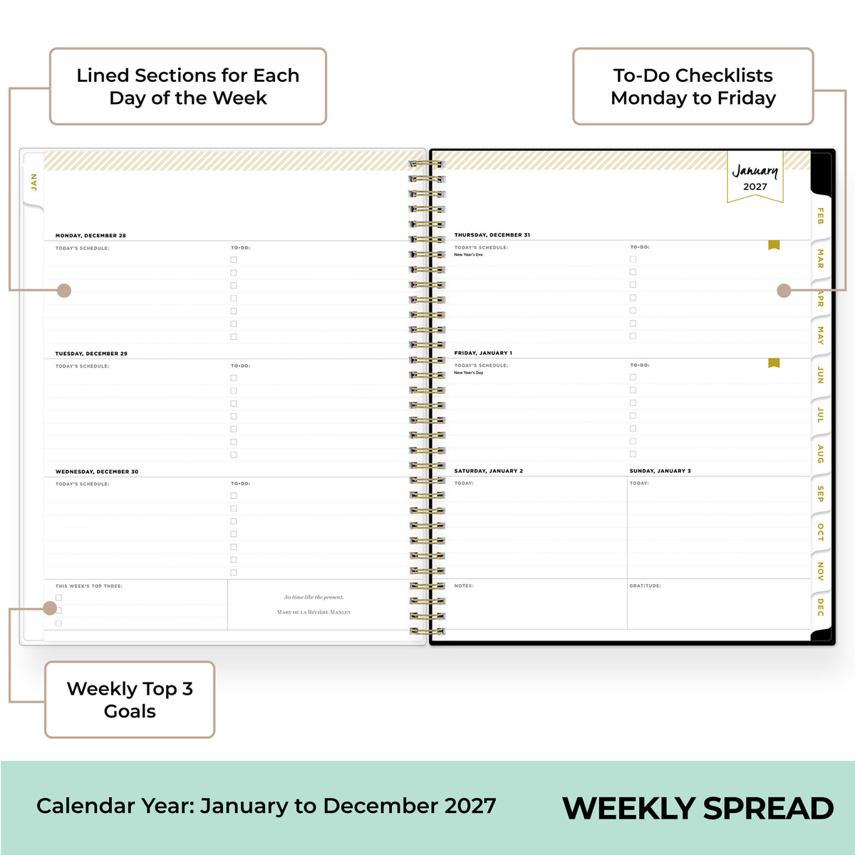 A spiral-bound weekly planner spread shown on a white background with callout labels explaining features like lined sections, to-do checklists, and weekly goals. The bottom banner reads &