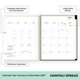 An open spiral-bound monthly planner spread showing a calendar layout for January 2027, with callout labels pointing to checklist style notes and to-do sections, lined daily blocks, and reference calendars on a white background.