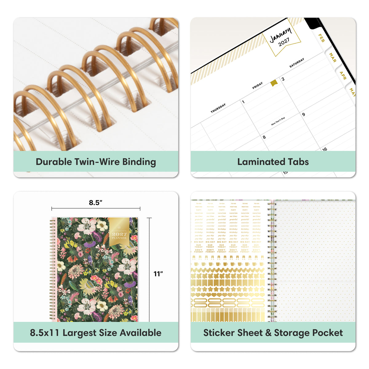 A 2x2 feature collage for a spiral-bound planner. Top-left shows close-up gold twin-wire binding over white pages, gold sticker sheet and in 8.5x11 planner size