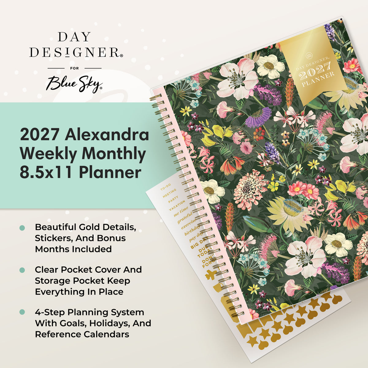 2027 Alexandra Weekly Monthly 8.5x11 Planner by Day Designer for Blue Sky, featuring a dark green tropical floral cover with a gold accent band and a pink pocket cover visible underneath, set against a light beige background with product details on the left.