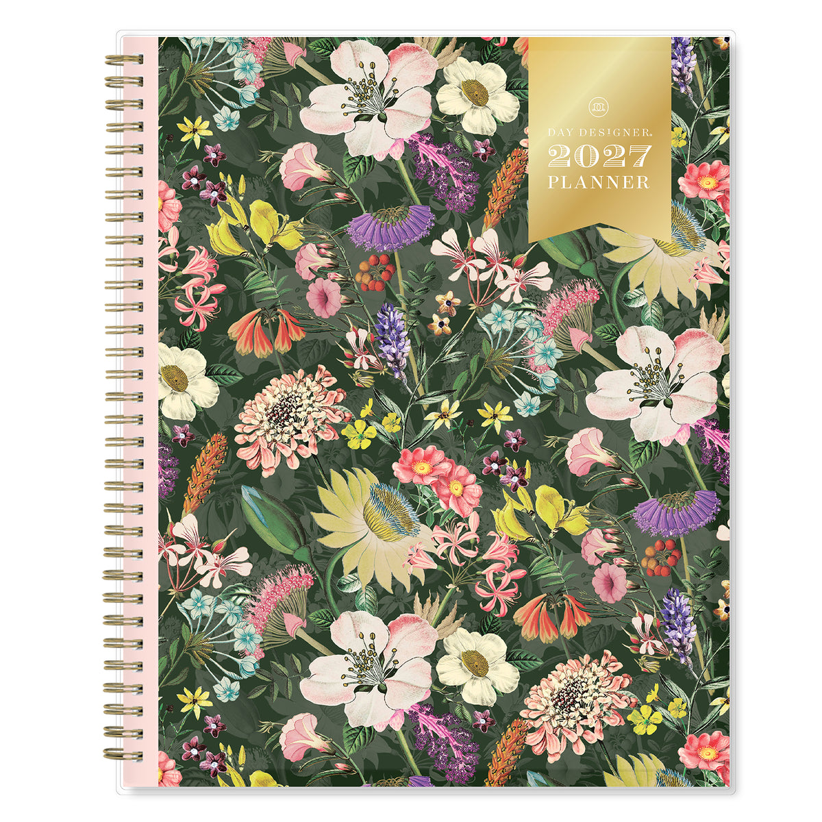 A spiral-bound 2027 floral planner shown closed, featuring a dense multicolor wildflower pattern on a dark green background with a gold &