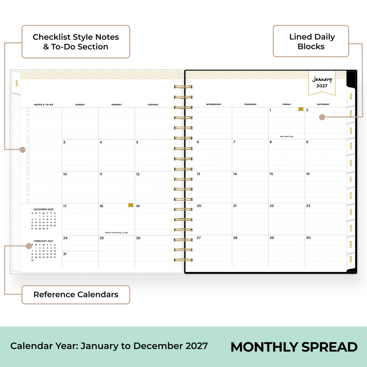 An open spiral-bound monthly planner spread showing a calendar year layout with labeled callouts for checklist style notes and to-do sections, lined daily blocks, and reference calendars. The bottom text reads &