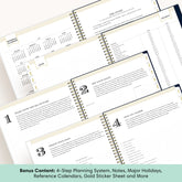 An open spiral-bound planner showing multiple interior pages for a 4-step planning system, notes, reference calendars, and holiday planning. A teal banner at the bottom reads: Bonus Content: 4-Step Planning System, Notes, Major Holidays, Reference Calendars, Gold Sticker Sheet and More.