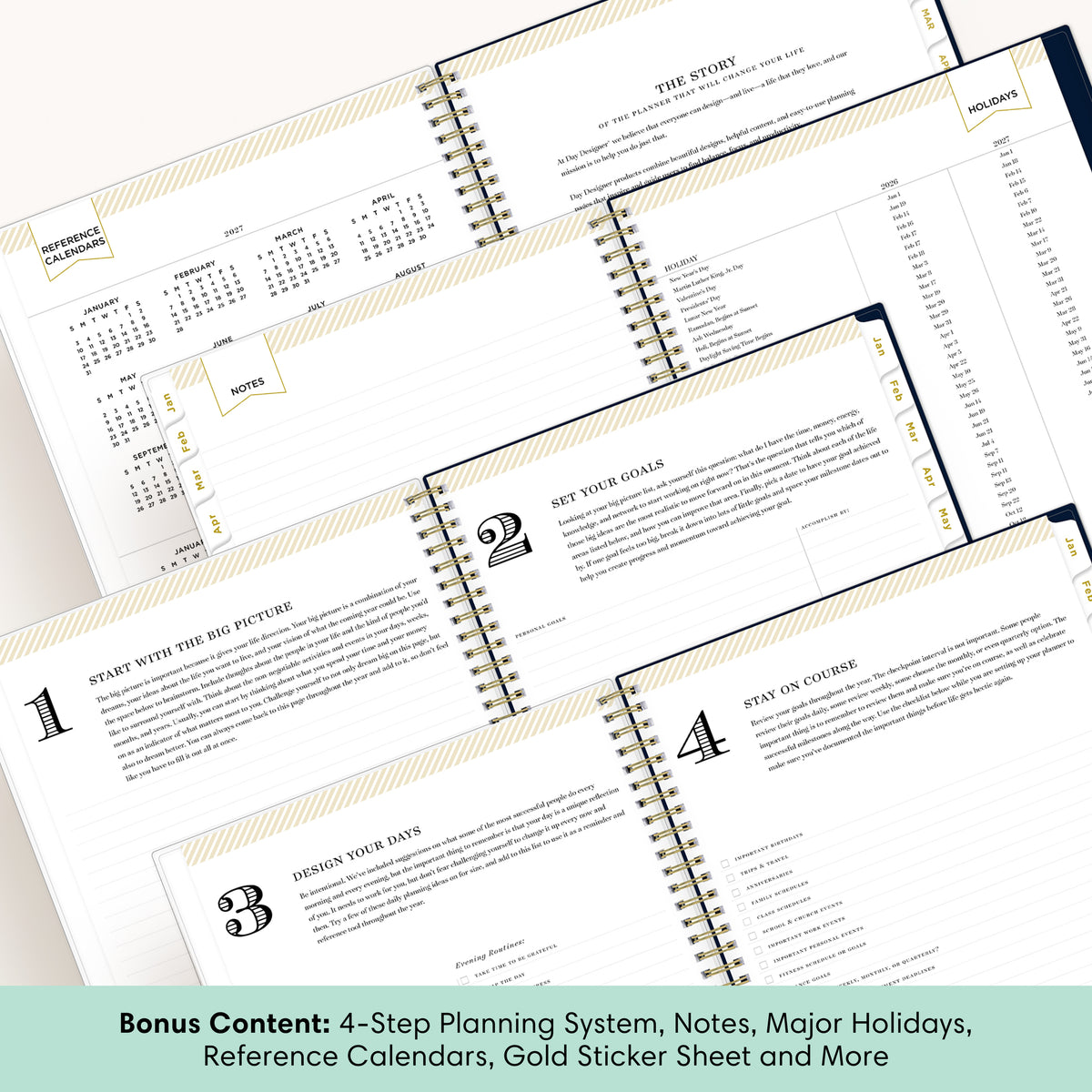 An open spiral-bound planner showing multiple interior pages for a 4-step planning system, notes, reference calendars, and holiday planning. A teal banner at the bottom reads: Bonus Content: 4-Step Planning System, Notes, Major Holidays, Reference Calendars, Gold Sticker Sheet and More.