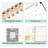 A 2x2 feature collage for a spiral-bound planner notebook. The top-left panel shows gold twin-wire binding, STORAGE POCKET, and gold sticker sheet