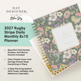 Day Designer for Blue Sky 2027 Rugby Stripe Daily Monthly 8x10 Planner, featuring a floral-patterned cover with gold glitter details, a white pocket cover, and gold spiral binding, shown on a light beige background with promotional text.