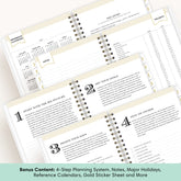 Open spiral-bound planner pages showing a 4-step planning system, notes section, reference calendar, and holiday tracker. A teal banner at the bottom reads &