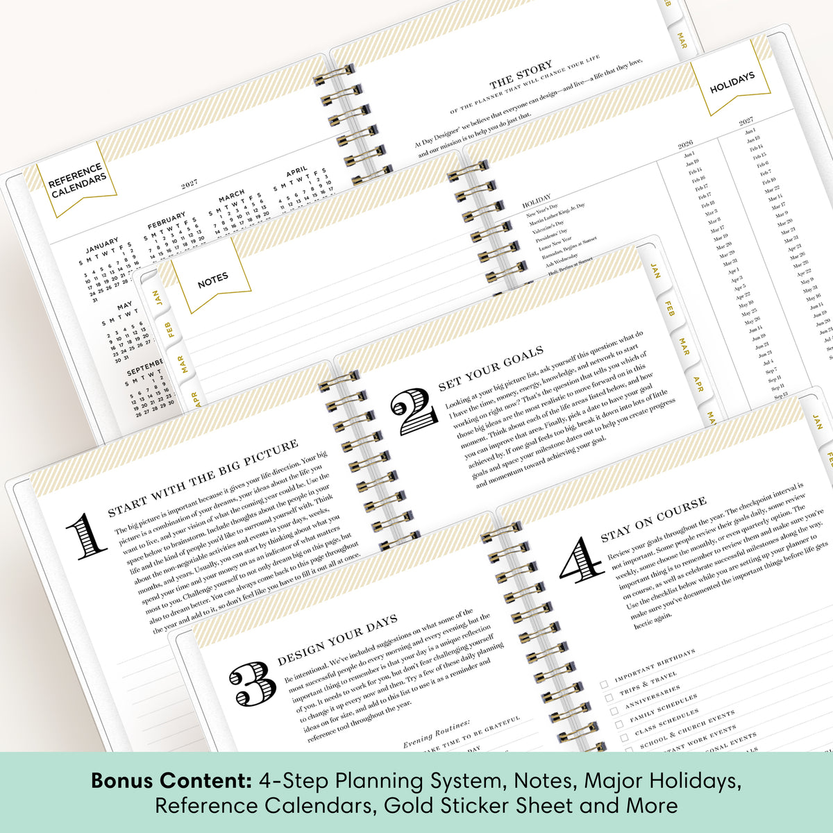 Open spiral-bound planner pages showing a 4-step planning system, notes section, reference calendar, and holiday tracker. A teal banner at the bottom reads &