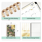 A 2x2 feature collage for a compact spiral planner. The top-left panel shows gold twin-wire binding, gold sticker sheet