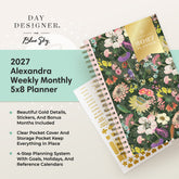 Promotional graphic for the 2027 Alexandra Weekly Monthly 5x8 Planner by Day Designer for Blue Sky. The planner cover features a dark green tropical floral pattern with a gold foil seal for &