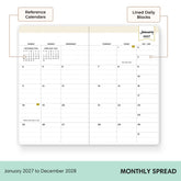 A monthly calendar spread preview with labeled callouts reading &